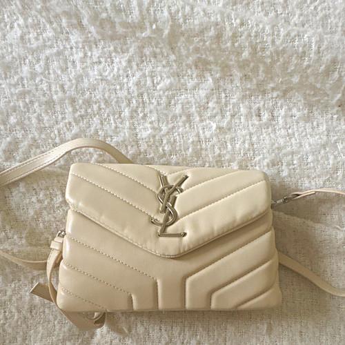 Small Beige Quilted Leather Crossbody YSL Bag Silver Logo Magnetic