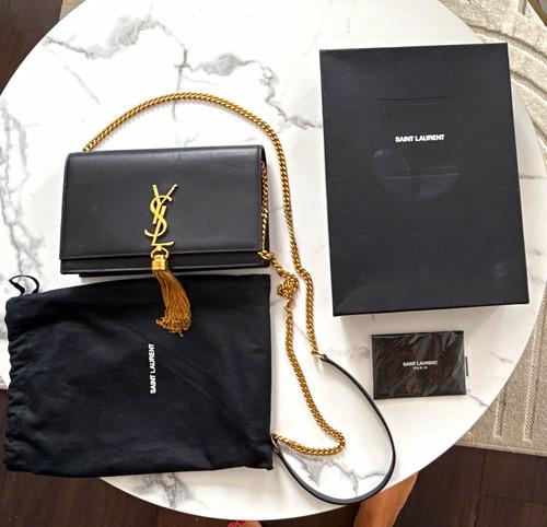 Saint Laurent Black Leather YSL Logo Chain Strap Tassel Wallet Crossbody