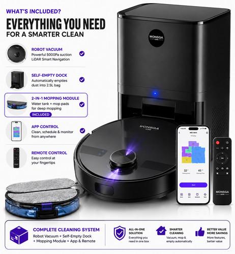 Robot Vacuum Cleaner 5000Pa LiDAR Self Empty Dock Mop App Control 120Min