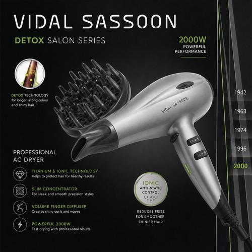 Vidal Sassoon Detox Salon Series 2000W Ionic Hair Dryer Diffuser Silver RRP £29