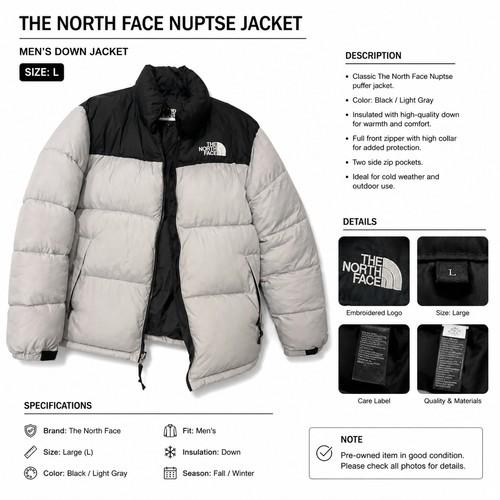 The North Face Nuptse Puffer Jacket Grey Black Men’s Size L Winter Coat