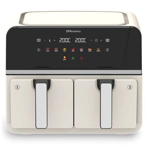 EMtronics 9 Litre Double Basket Air Fryer Large Digital Dual with Timer - Cream