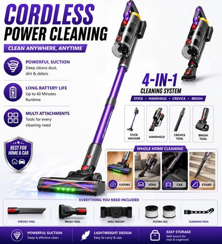 Cordless Vacuum Cleaner 4in1 Stick Handheld 40Min Runtime HEPA Purple